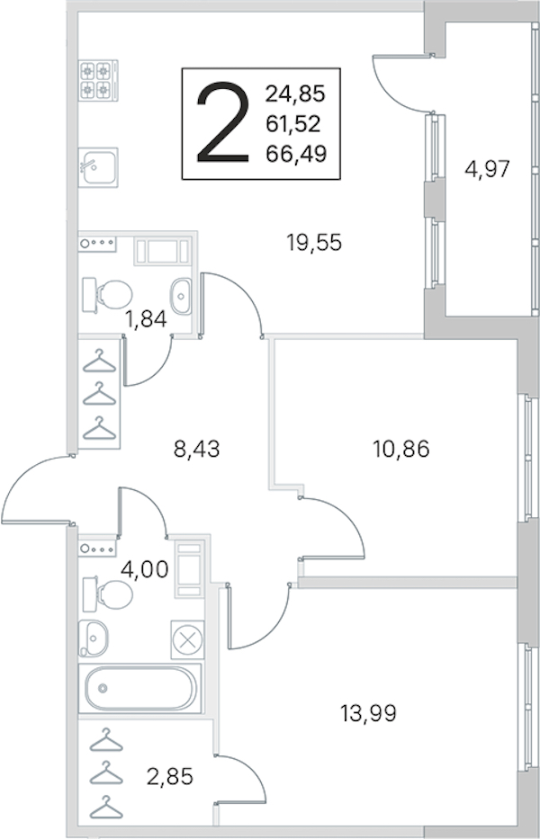 2-комнатная квартира 61.52 м², 2/4 эт., ЖК «Любоград в Стрельне»